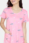 Zivame Autumn Leaves Knit Cotton Mid Calf Length Nightdress -Pink Ice — thumbnail 5